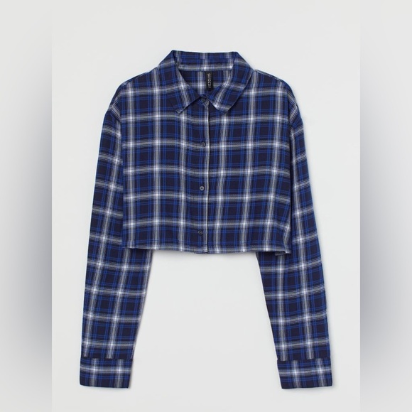H&M FLANNEL BLUE COTTON CROP SHIRT SIZE XS - Picture 1 of 4